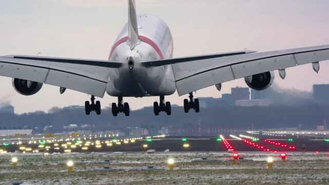 A large passenger jet lands on a snowy runway at dusk. Rear view shot shows the final approach, touchdown with tire smoke, and deceleration along the illuminated airstrip