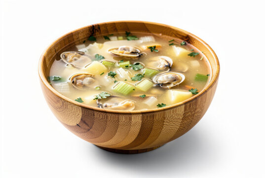Rhode Island Clam Chowder in Bamboo Bowl 35 Degree Angle Isolated on White Background Studio Image
