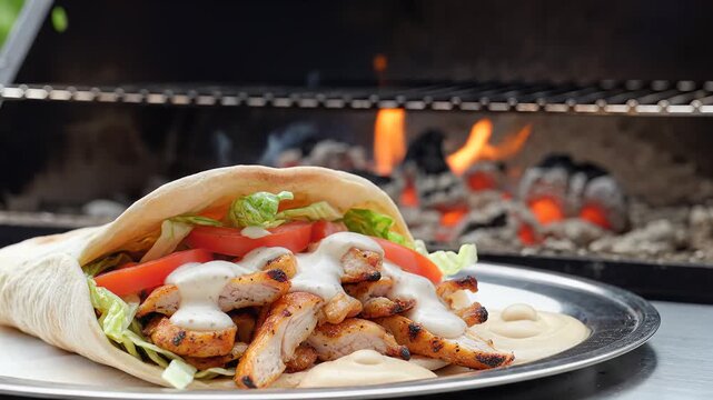 Delicious Grilled Chicken Wrap Freshly Prepared on a Barbecue.