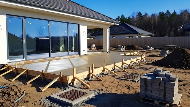 Freshly poured concrete patio base for modern house exterior.