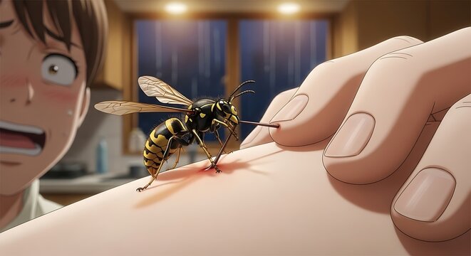 Close-up of a yellow jacket insect stinging human skin, causing redness, with a shocked person in background