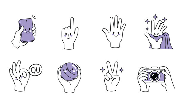 Collection of hand gestures and symbols in purple and white hands