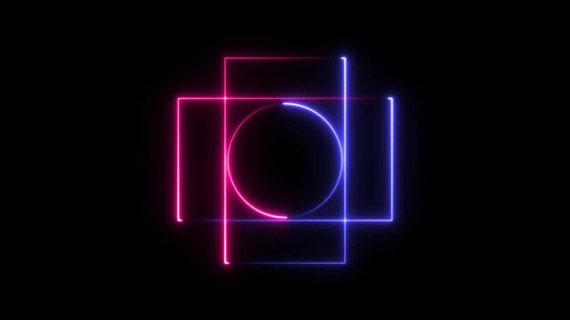 Neon light glowing square animation and loading saber. Abstract energy circle with lightning discharges.