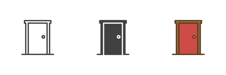 Closed door entrance icon set in line, outline and solid styles. Door icon with editable stroke vector sign, entry symbol, home access element icon.