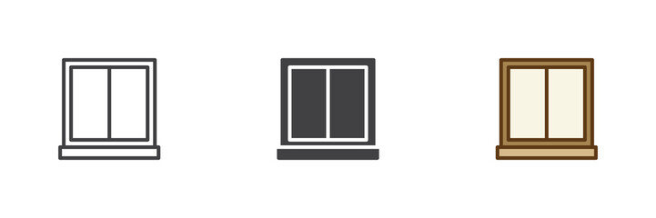 Square window frame icon set in line, outline and solid styles. Window icon with editable stroke vector sign, house symbol, clean architectural detail icon.