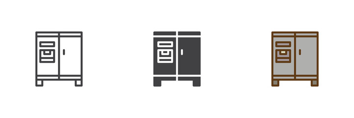Double door fridge icon set in line, outline and solid styles. Fridge icon with editable stroke vector sign, kitchen appliance symbol, cooling device icon.