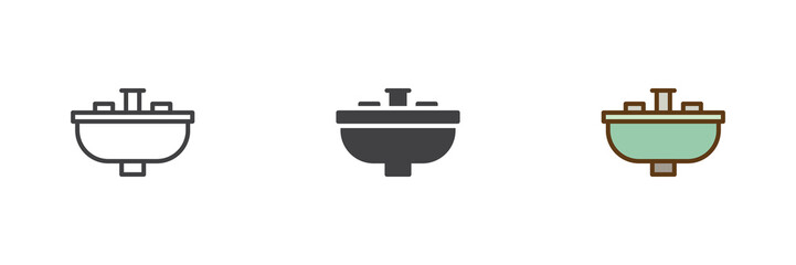 Sink with faucet icon set in line, outline and solid styles. Sink icon with editable stroke vector sign, water symbol, kitchen or bathroom fixture icon.