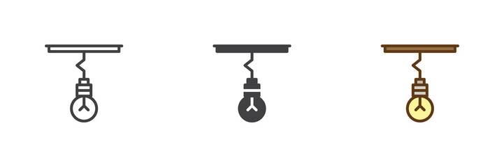 Hanging light bulb icon set in line, outline and solid styles. Bulb icon with editable stroke vector sign, lighting symbol, electricity element icon.