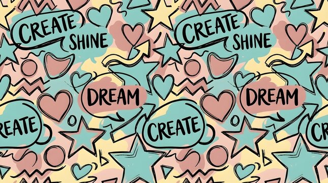 Motivational doodle pattern with dream create and shine text. Creative inspiration for teen lifestyle and stationery. Hand drawn bubbles with hearts and stars on colorful shapes