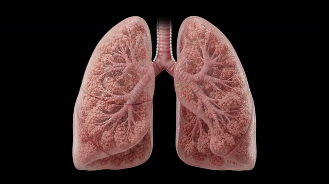 Human lungs changing from healthy respiratory anatomy to diseased tissue with damaged airways on transparent background