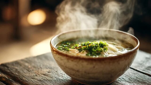 Steaming bowl of soup with herbs on wooden table