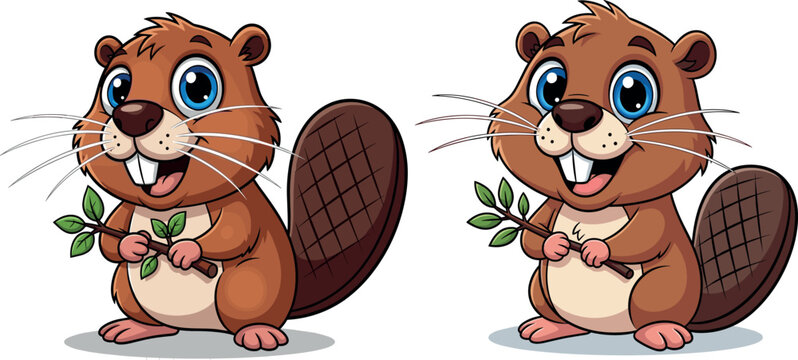 Cute cartoon beaver characters holding leaves, adorable woodland animal vector illustration set isolated on white background for kids design and mascot