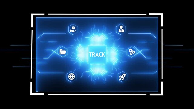 Bright blue neon digital interface featuring a central processor chip labeled track, surrounded by representing business, data, and innovation, set against a dark digital