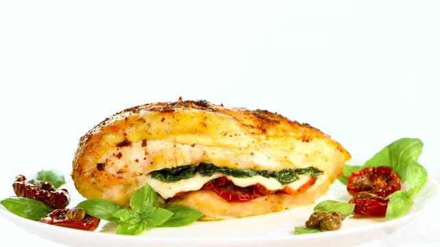 Baked chicken breast with a crispy crust, stuffed with spinach, sun-dried tomatoes and mozzarella. Slow motion video, circular movement from left to right. White background