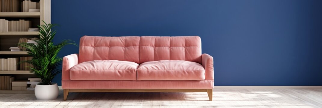 Pink sofa placed against blue wall in modern interior