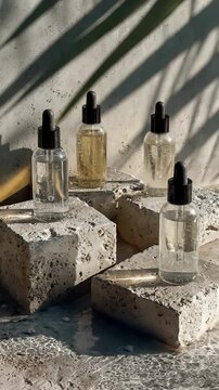 A row of glass dropper bottles sits on rough concrete blocks; clear liquids glimmer as sunlight cuts through them, while diagonal shadows create a moody still life on an outdoor surface now