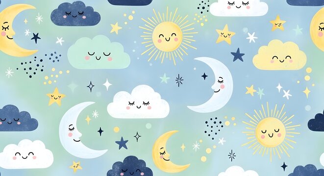 Smiling sun and moon celestial pattern for kids. Happy day and night sky illustration. Cheerful clouds and stars floating in a blue watercolor atmosphere for nursery decor
