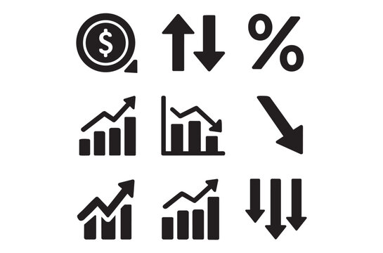 Financial and economic symbols including charts arrows and currency