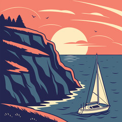 Naklejka premium Sailboat on ocean near coastal cliffs at sunset with birds flying