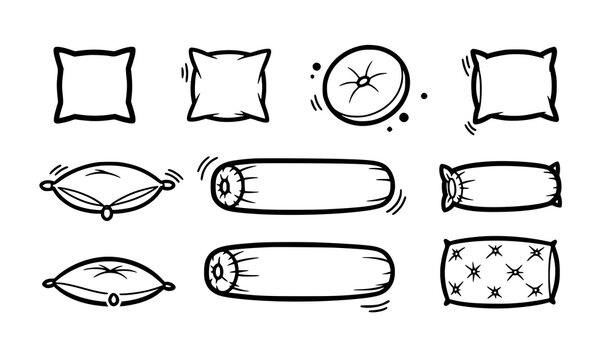 Sticker style pillow doodle icons bold outline cushion set cozy home decor vector