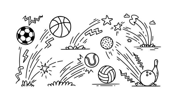 Playful doodle sports balls with abstract motion lines and bounce effects vector illustration set