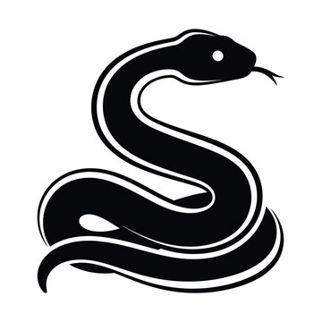 Black snake silhouette vector icon, coiled serpent mascot with flicking tongue, minimalist reptile logo design, slithering cobra graphic for sports branding and tattoo art