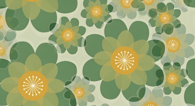 Abstract green floral pattern with overlapping transparent petals. Modern geometric background for branding or decor. Stylized blooming flowers arranged in a contemporary mosaic style.