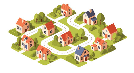 Isometric illustration of colorful houses along winding neighborhood streets © Naksha
