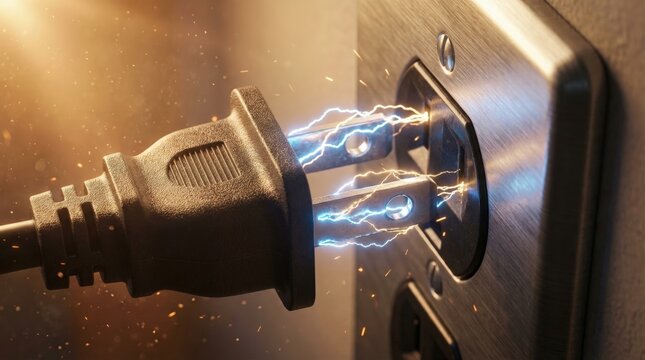 Close up of an electrical plug connecting to a wall socket with bright blue sparks and orange light flares illuminating the scene