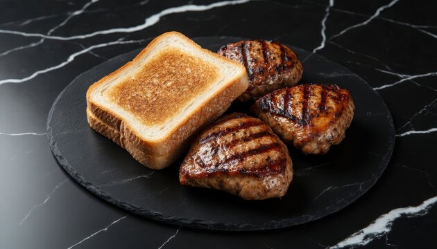 A grilled meat platter features three pieces of meat and one slice of toast. The grilled meat showcases distinct grill marks and is presented on a dark stone plate.
