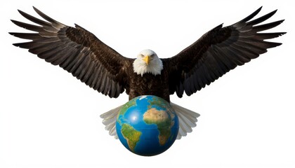 Fototapeta premium An eagle spreads its wings wide, holding a globe with Earth depicted. The eagle’s wings and the globe are central to the scene, symbolizing nature and the world.