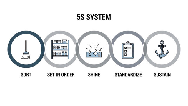 5S System Lean Methodology Icon, Five Interlocking Circles for Workplace Organization, Sort Set Shine Standardize Sustain Process Vector Line Art