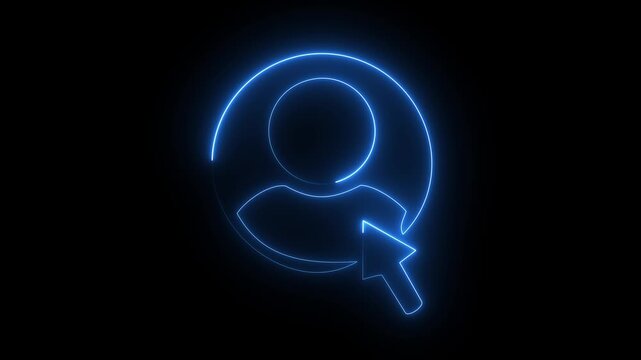 Neon user select icon with cursor click and blue glow on dark background, account choice concept animation.