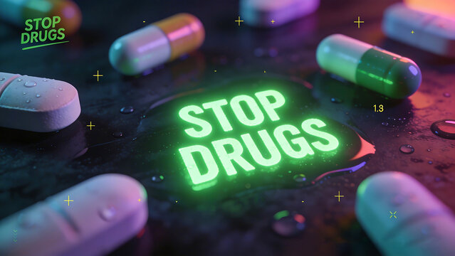 Pills and tablets with the text stop drugs
