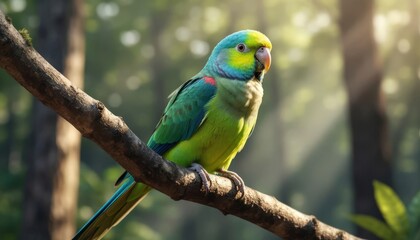 Obraz premium A vibrant green parrot perches on a branch in a sunlit forest. The parrot showcases its colorful feathers in the tranquil setting of the forest.