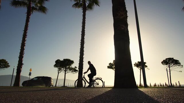 Cyclist Enjoying a Serene Sunset Riding Along Vlore Palm Lined Beach