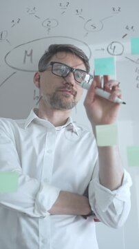 Thoughtful businessman wearing glasses concentrating on complex project plan. Analyzing strategy. Working with sticky notes and flowcharts on a clear glass board