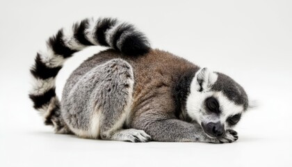 Fototapeta premium The sleeping lemur curls up on a smooth surface, its striped tail resting beside it. The lemur appears calm and comfortable, showcasing its soft fur and distinct markings.