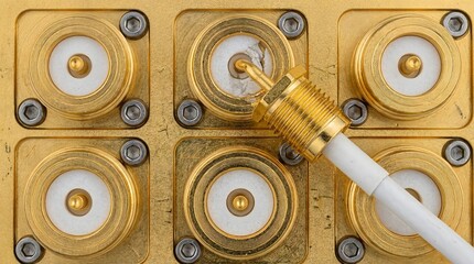Fototapeta premium Close-up shot of connectors and cables, technology concept dilution refrigerator, cryostat, cryogenic hardware, quantum cooling system, millikelvin background, copy space