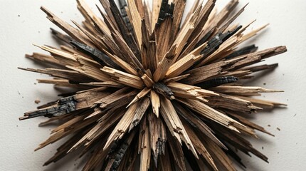Obraz premium Close-up macro view of a spiky, starburst-shaped constructed from weathered, burnt wood fragments creating a rustic and textured abstract form