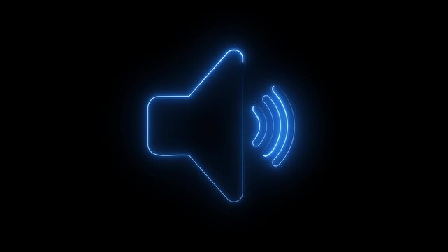 Neon speaker volume icon with blue glow on dark background, sound audio signal concept animation.