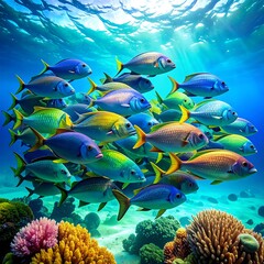 Obraz premium Vibrant School of Fish Swimming in a Coral Reef.