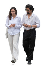 Obraz premium Man and woman in casual white summer clothing walking and talking, isolated on white and transparent background