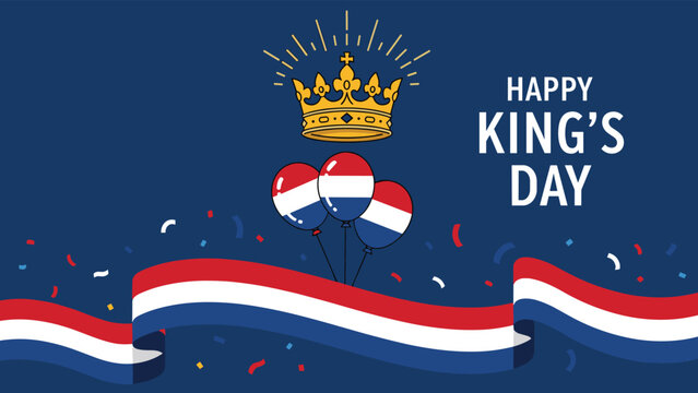 Festive celebration of kings day in the netherlands featuring a golden crown and balloons decorated with the colors of the dutch national flag.