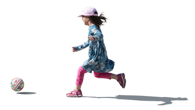 Little girl running after a ball, isolated on white and transparent background