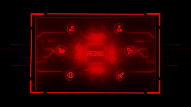 Red digital interface with a central processor chip labeled inteligence, surrounded by for business, data, and innovation, glowing in red neon on a black background