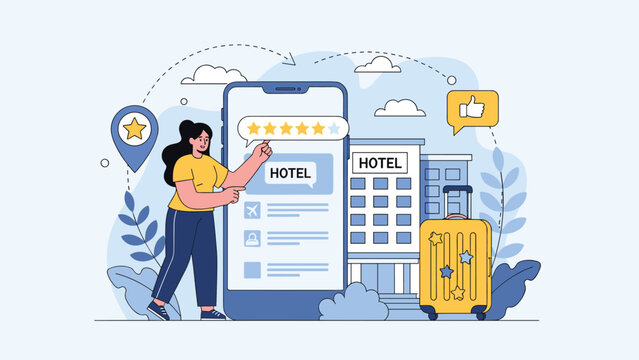 Young woman uses her smartphone to check hotel reviews and ratings before starting her exciting travel journey with a yellow suitcase and luggage.