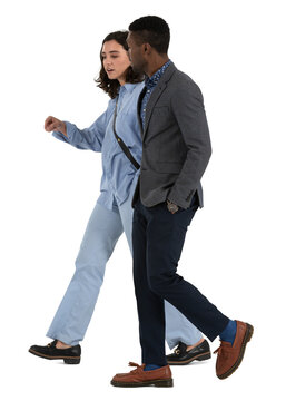 Man and woman walking and having a lively conversation, seen from side view in profile. Isolated on transparent and white background