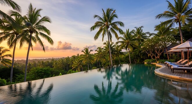 Stunning infinity pool at a tropical resort overlooking a lush landscape with palm trees during a beautiful sunset.