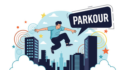 Naklejka premium Energetic young man performing parkour jumps across high city skyscrapers during a bright day in an urban environment setting.
